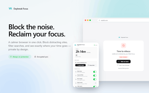 Daybreak Focus :: Block distracting sites, set screen-time limits, and stay focused. Private by design with end-to-end encrypted sync.