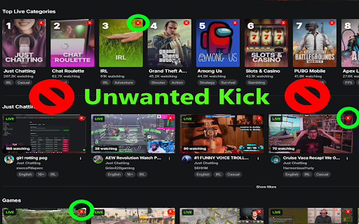 Unwanted Kick :: Block Kick.com channels by clicking an 'X' on the channel card