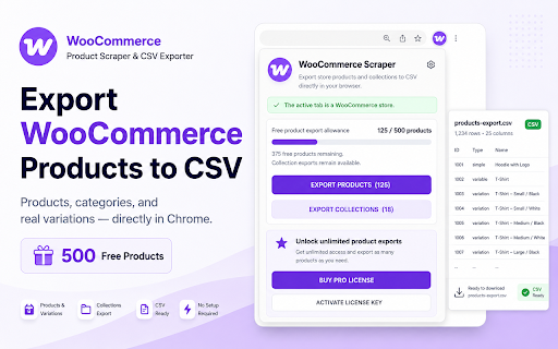 WooCommerce Product Scraper & CSV Exporter :: Export WooCommerce products and categories to CSV in your browser. Free for 500 products; activate license for unlimited exports.