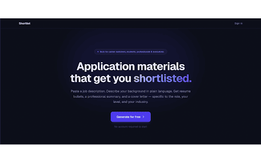 Shortlist — AI Career Writing :: One click to tailor your resume, cover letter, and LinkedIn profile to any job posting.
