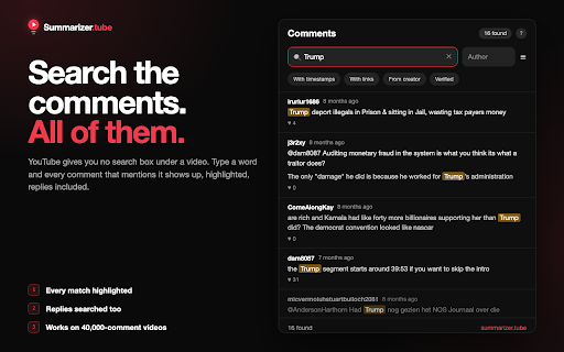 YouTube Comment Search — find any comment, filter and sort :: Search YouTube comments by text or author, filter by timestamps, links or creator, and jump to the moment. Free.