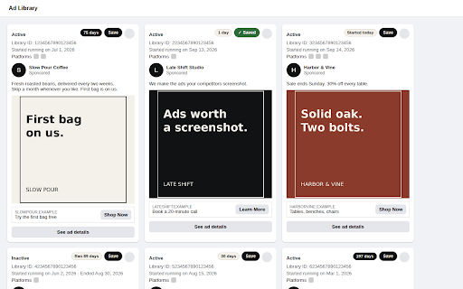 AdStash: Meta Ad Library, filter by days run :: Filter the Meta Ad Library by how long each ad has run, and save the ones worth keeping to a swipe file on this device.