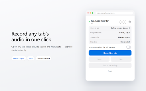 Tab Audio Recorder :: Record the current tab's audio locally as a WebM/Opus file. No uploads, no microphone, no tracking.