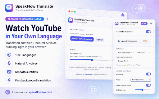 SpeakFlow Translate :: Translate & AI-dub any YouTube video: natural voices, 100+ languages, subtitle (SRT) export, AI summary.