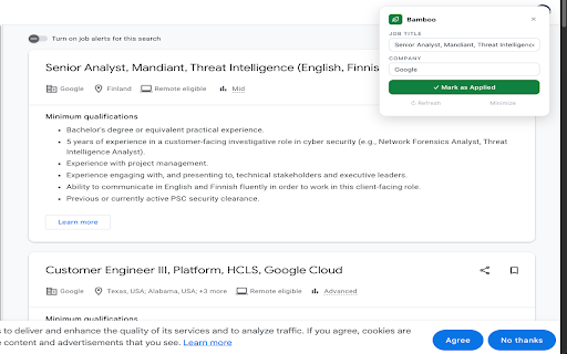 Bamboo Job Tracker :: Track job applications from any company website or ATS. One click to save the role, company, and URL to your Bamboo dashboard.