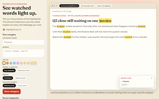 WordGlow :: Highlight watched words on every page — or only on a site you choose.