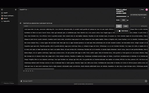 Larger ChatGPT Interactive Window :: Dynamically change and maximize the width of ChatGPTs interactive window. Override default text colour to fix darkmode settings