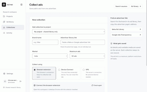 Ad Intel Browser Collector :: Collect public Meta and Google ads through your browser and save them to your Ad Intel workspace.