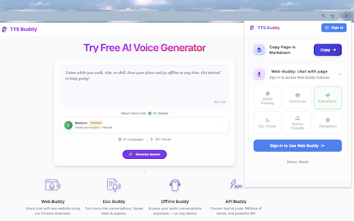 TTS Buddy :: Voice-first AI suite for web, docs, offline, and API — talk to anything, anywhere, anytime.