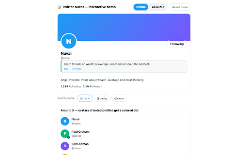 Twitter Notes — private notes on X profiles :: Add private notes to profiles on X.com (Twitter). Data stays local and is visible only to you.
