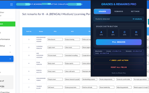 SMS Portal Helper (Banglar Sikhsha SMS Portal Assistance) :: Auto-fill grades and remarks for LPCD/HPRC report cards on Banglar Sikhsha SMS Portal. Saves teachers valuable time.