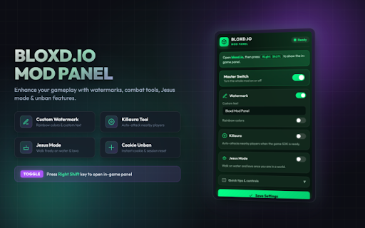 Bloxd.io Mod Panel :: Friendly mod panel for Bloxd.io — watermark tools, Killaura, Jesus mode, cookie unban, and a clean in-game menu.