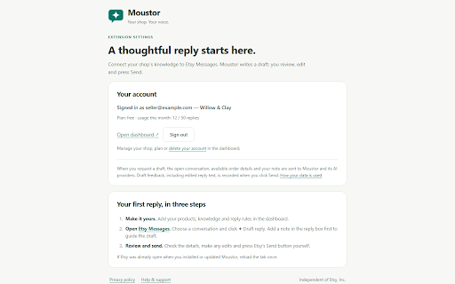 Moustor :: Draft AI replies to Etsy messages using your shop's products, knowledge and rules. You review, edit and send every reply.