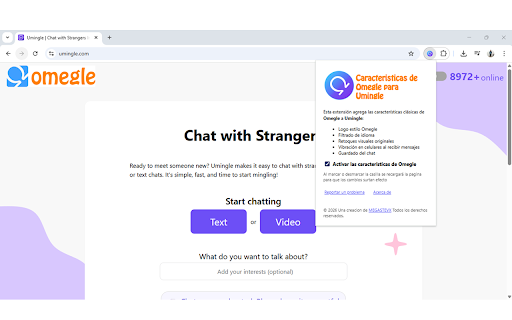 Características de Omegle para Umingle :: Agrega características de Omegle a Umingle: logo original, filtro de idioma, vibración, guardado de chat y retoques visuales.