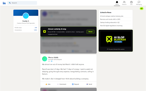 LinkedIn AI Slop Blocker :: Detects and hides AI-generated posts on LinkedIn. Blur first, reveal on click.