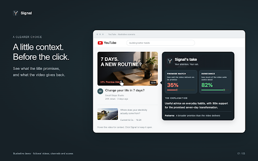 Signal — YouTube attention filter :: See whether a YouTube video delivers on its promise—and how much is useful—before you click.