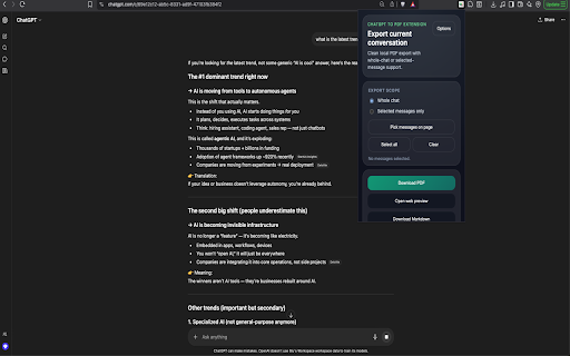 ChatGPT to PDF Extension :: Download ChatGPT conversations as real PDF files or export selected messages in Markdown, HTML, and JSON.