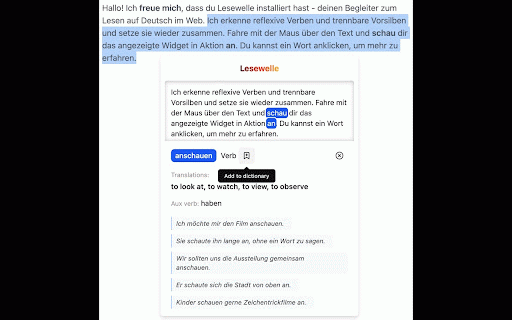 German Translator & Flashcards - Lesewelle :: German translator that gets separable & reflexive verbs right. Click any word for definitions, save and drill with flashcards.