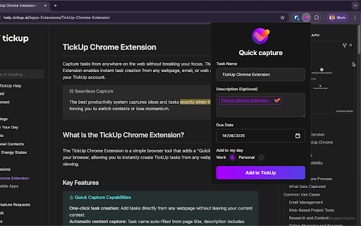 TickUp Quick Capture :: Capture tasks from any webpage without breaking focus. Stay productive with instant task creation.