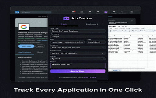 Job Application Tracker :: Track job applications to Google Sheets with one click. Dashboard, daily goals, duplicate detection & reminders.