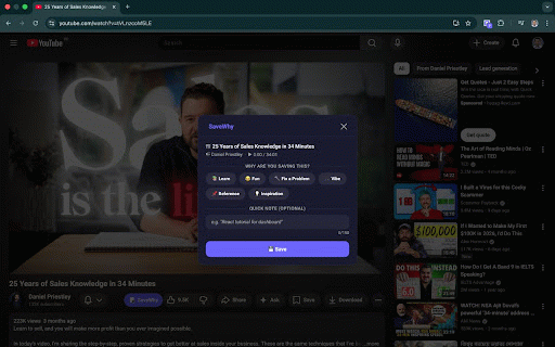 SaveWhy — Smart YouTube Saves :: Save YouTube videos with context, intent, timestamps, and notes. Never forget why you saved a video.