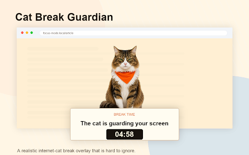 Cat Break Guardian :: A lightweight break timer. When browser use runs long, a cat walks in and guards the screen until you rest.