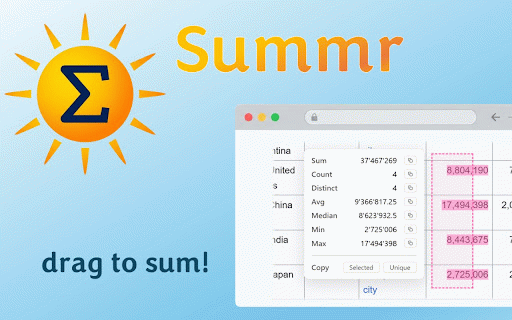Summr :: Drag, click or multi-select any numbers on a page to instantly see Sum, Count, Distinct, Average, Median, Min and Max.