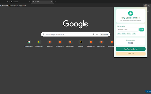 Tiny Decision Wheel :: Pick a random choice from user-entered options inside the Chrome popup.