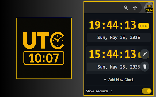 UTC Clock Pro (Multi-Clock View, Seconds Supported Logo, Never Pause) :: Logo clock with support to view UTC/GMT and more timezones at once, quick edit and unstoppable chrome extension.
