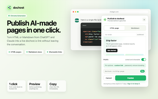 Publish to dochost :: One-click publish of AI-generated HTML and Markdown as a live, shareable web page — no copy-paste, no hosting setup.