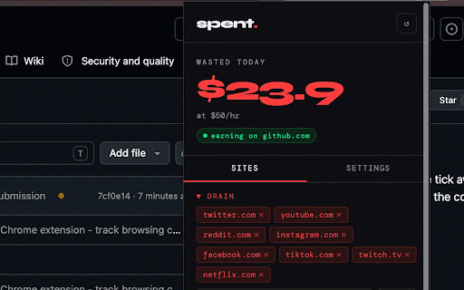 Spent :: Watch your hourly rate tick away on distraction sites. Make the cost visible.