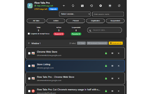 Flow Tabs Pro :: Advanced tab management with session saving, duplicate detection, and intelligent organization