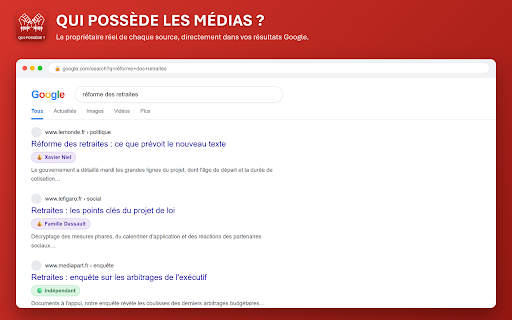 Qui possède ? - affichez qui détient les médias :: Voyez qui possède vos médias dans vos recherches Web, 7 moteurs de recherche compatibles.