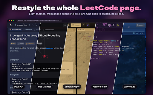 Theme Studio for LeetCode – Dark Themes & Anime Backgrounds :: Custom LeetCode themes and dark mode for the code editor and problem page. Set any picture or anime scene as your background.