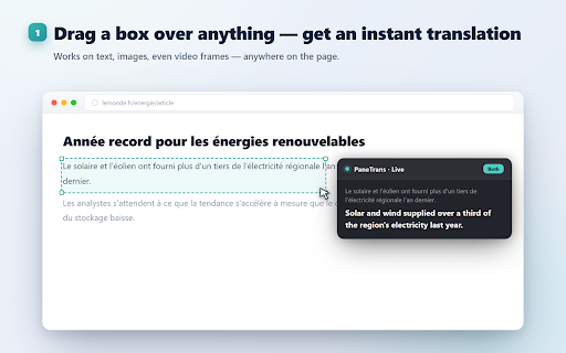 PaneTrans :: Pin a live translation popup to any page region — chat, subs, tickers. On-device AI by default; optional Cloud LLM for top quality.
