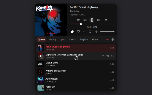 Companion for YouTube Music :: Control YouTube Music from a toolbar popup: playback, queue, recommendations, history, search, playlists and synced lyrics.
