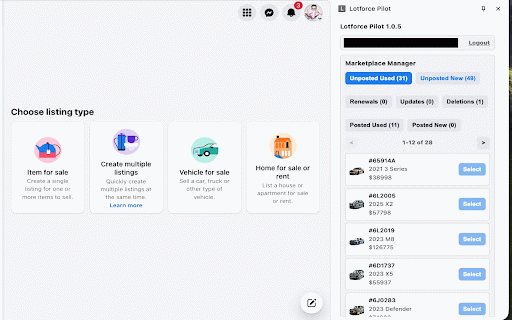 Lotforce Pilot :: Chrome extension to automate posting vehicles on Facebook Marketplace, with AI for form analysis.