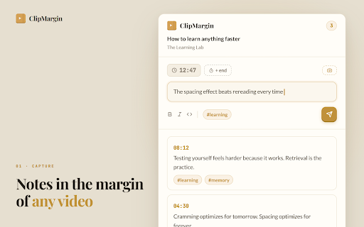 ClipMargin: Take notes on any video :: Take notes on any video, course, or lecture. Search across everything you've watched. Export to Markdown, anywhere.