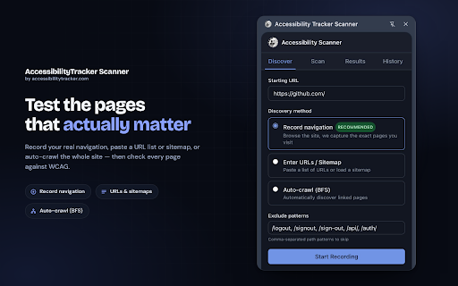 Accessibility Tracker Scanner :: Free, fully local WCAG accessibility scanner. Scan any page or crawl a whole site — no account required.