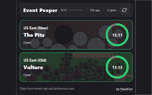 Event Peeper :: Queries an unofficial Drednot event API and shows the retrieved information on upcoming events in a convenient popup.