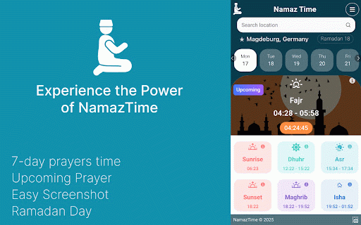 NamazTime (Prayer Times) :: NamazTime is a browser extension that shows daily and weekly prayer times with countdown timers for upcoming prayers.