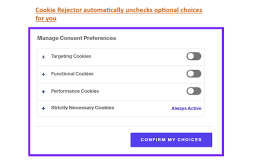 Cookie Rejector :: Stop cookie popups on websites! Automatically reject any cookies, other than necessary ones. Tracking cookies do not taste good!