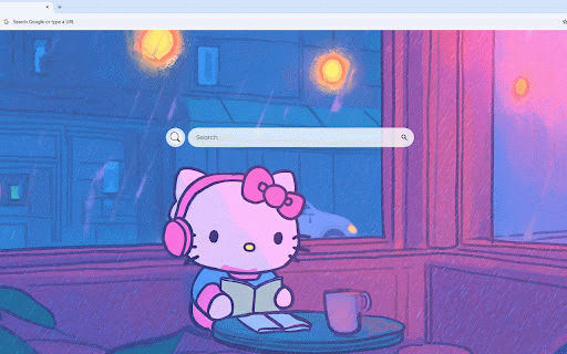 Hello Kitty Lofi Cafe Rainy Evening Live Wallpaper :: Hello Kitty reads in cozy cafe with headphones, rain, purple-blue lofi aesthetic vibes.