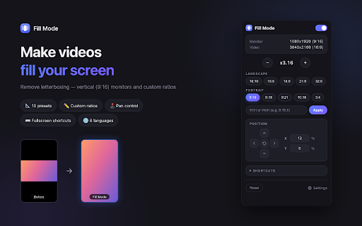 Fill Mode :: Removes video black bars with custom & vertical (9:16) aspect ratio support.