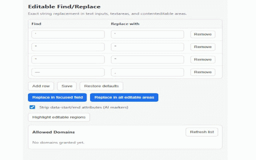 Editable Find/Replace :: Finds and replaces configured strings in editable areas on the current page.
