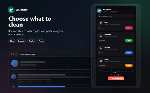 XCleaner - History Eraser for X :: Remove likes, reposts, replies, and posts from X locally in your browser. No account data is sent to XCleaner.