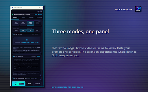 Grok Automata :: Batch text-to-image, text-to-video, and frame-to-video generation on Grok Imagine. Free, no signup, no telemetry.