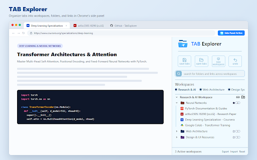 TAB Explorer :: Organize tabs into workspaces, folders, and links in Chrome's side panel.