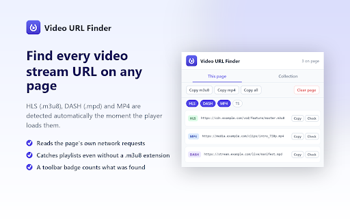 Video URL Finder :: Detects HLS, DASH and MP4 video stream URLs a page loads, so you can copy them to test your own player or ingest pipeline.