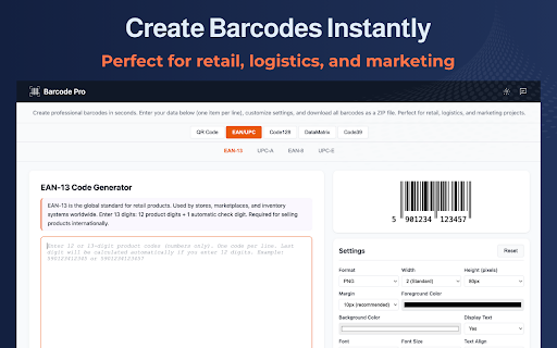 Barcode PNG :: Create professional barcode PNG files and QR codes instantly. Bulk generation, customization, and export as PNG or SVG.